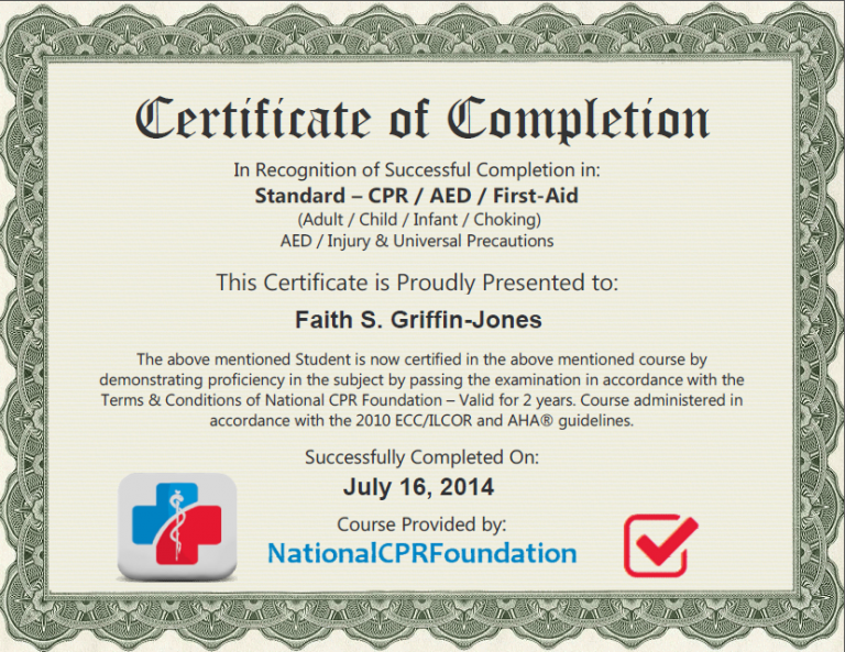 Faith Certificate Online CPR First Aid Certification Courses